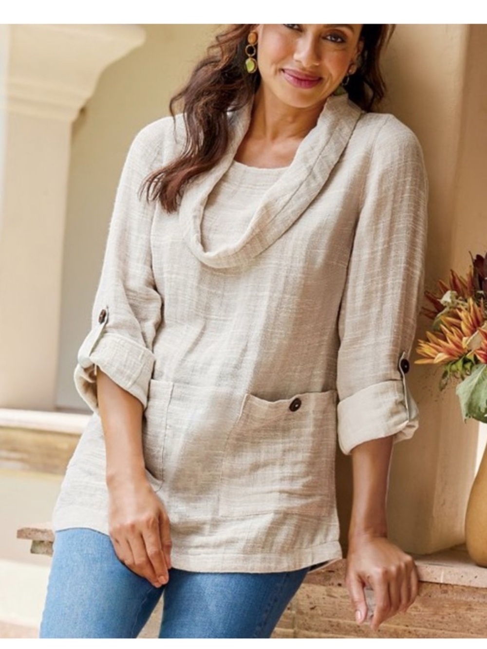 Soft Surroundings Cream Cowl-Neck Roll-Sleeve Tunic